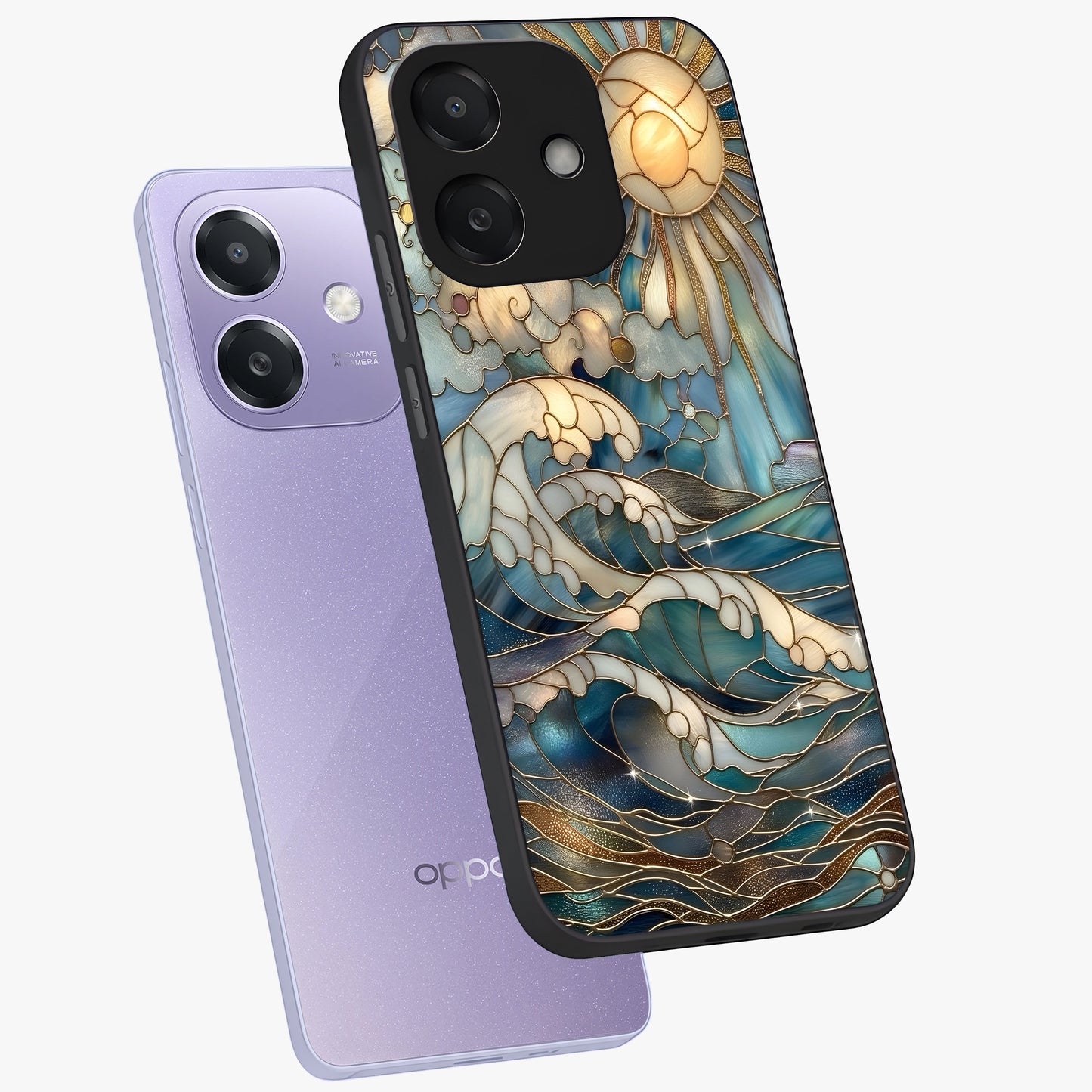 Oceanic Stained Printed Glass Case displayed in angled mockup highlighting colorful aquatic design with artistic aesthetic style.