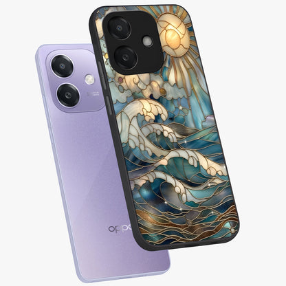 Oceanic Stained Printed Glass Case displayed in angled mockup highlighting colorful aquatic design with artistic aesthetic style.