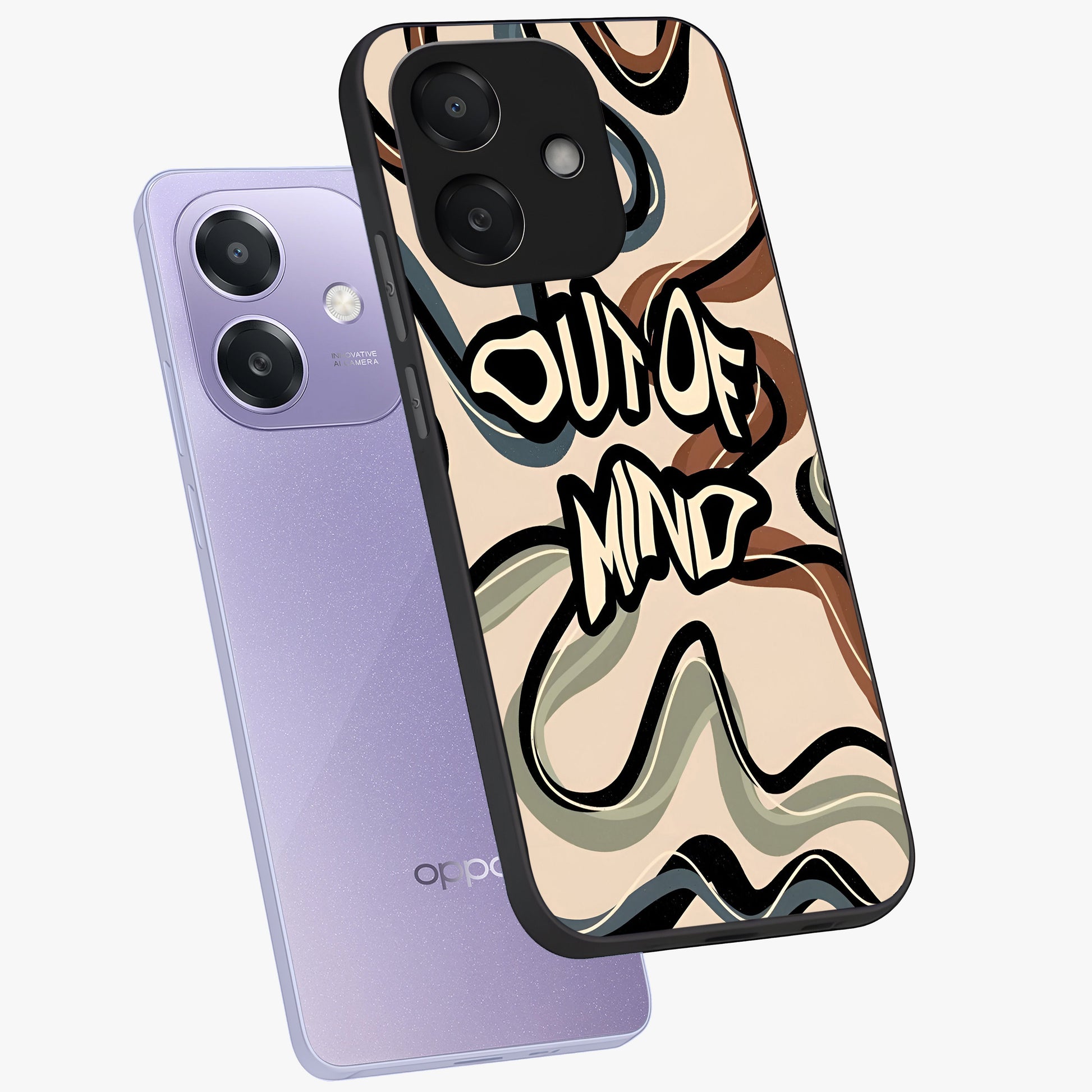 Out Of Mind Glass Case displayed in angled mockup highlighting bold statement design with modern artistic aesthetic.
