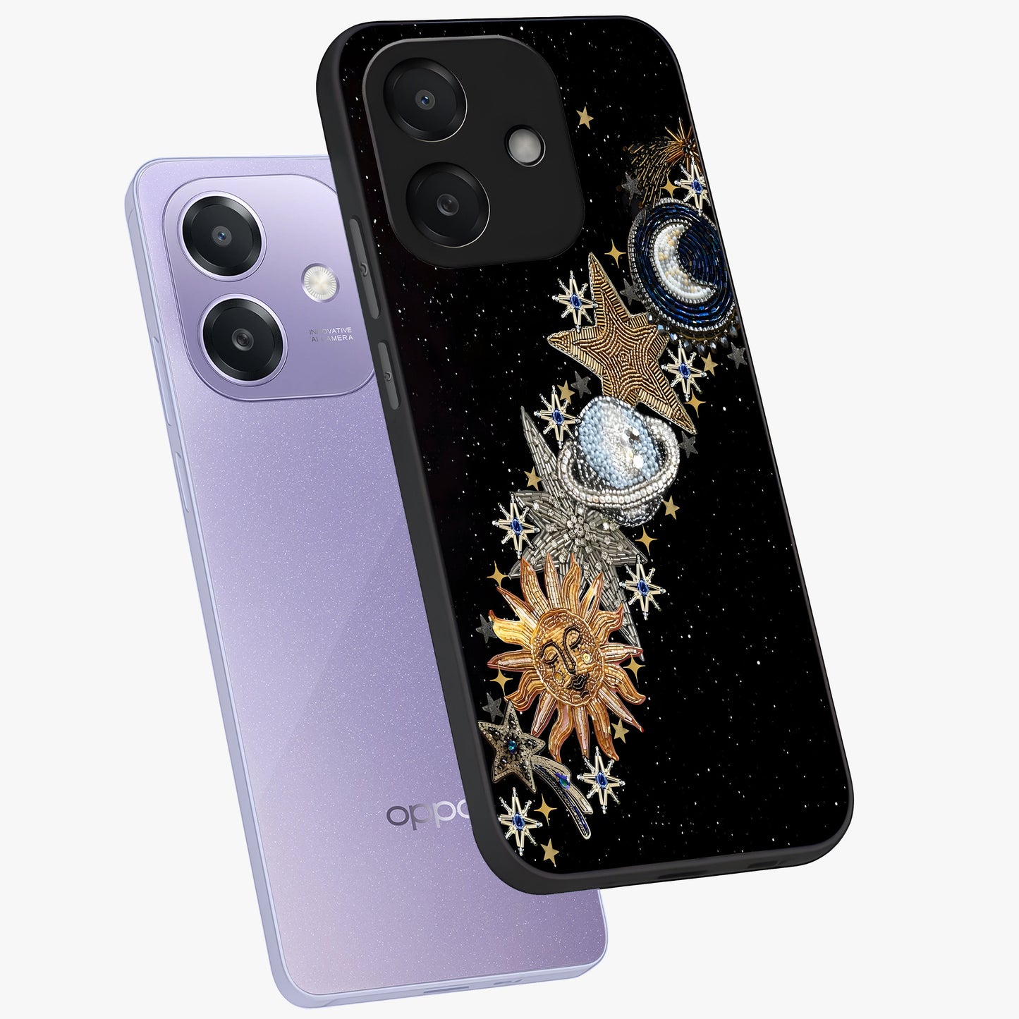 Pearls Universe Object Glass Case displayed in angled mockup highlighting celestial pearl design with dreamy aesthetic.