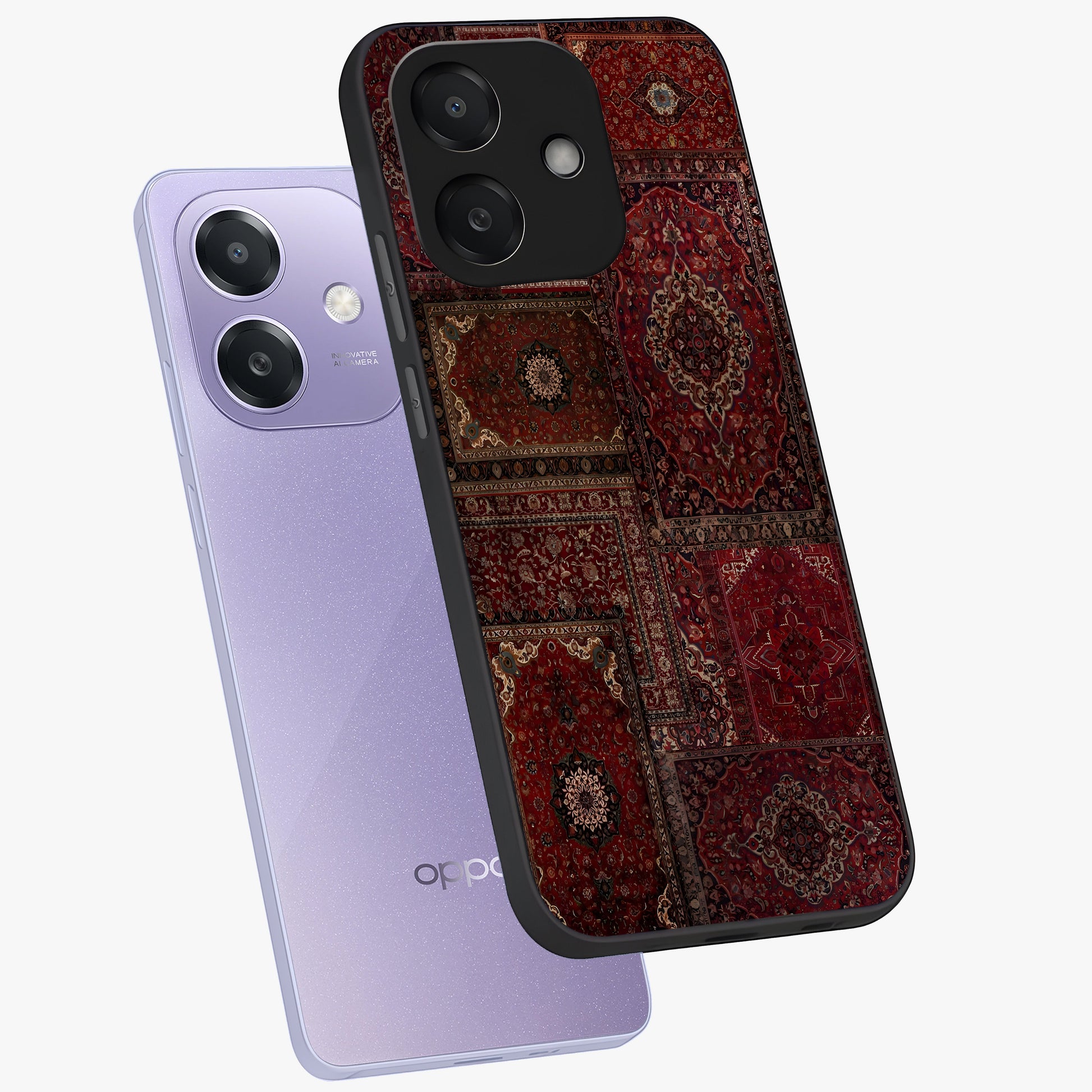 Persian Velvet Tale Glass Case displayed in angled mockup highlighting ornate textile inspired design with royal aesthetic.