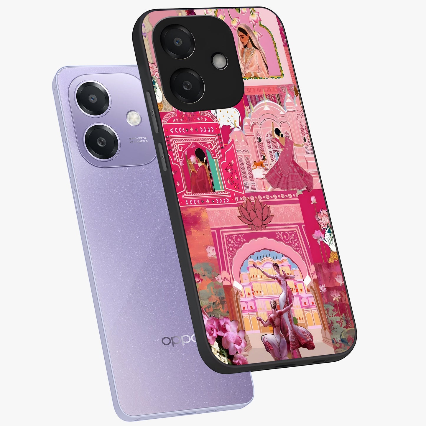 Pink Palace Muse Glass Case displayed in angled mockup highlighting dreamy palace illustration with soft pink aesthetic.