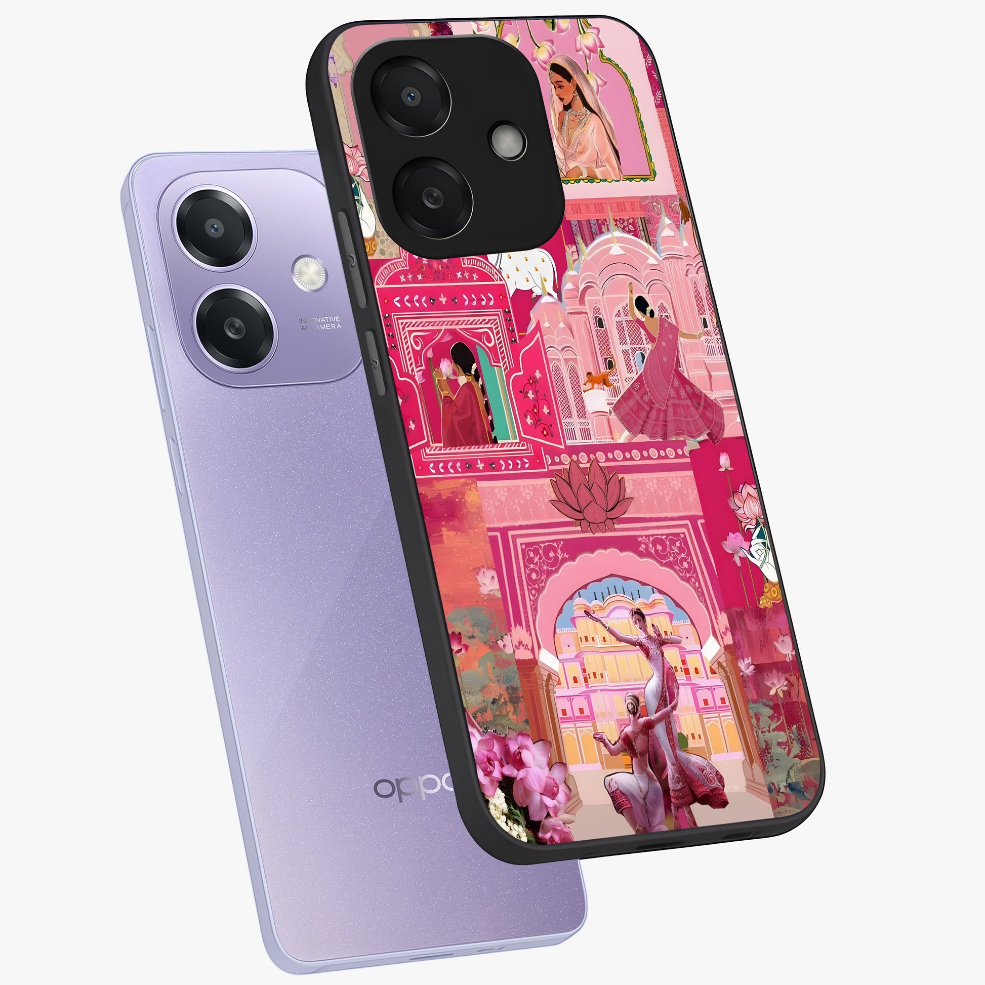 Pink Palace Muse Glass Case displayed in angled mockup highlighting dreamy palace illustration with soft pink aesthetic.