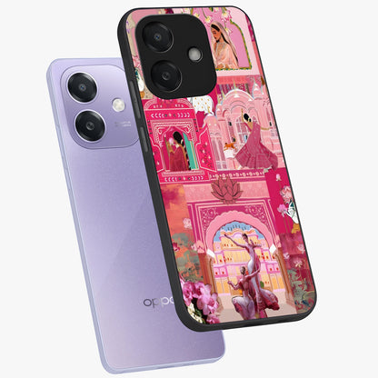 Pink Palace Muse Glass Case displayed in angled mockup highlighting dreamy palace illustration with soft pink aesthetic.