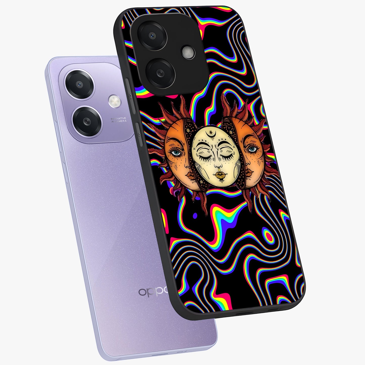 Psychedelic Sun Glass Case displayed in angled mockup highlighting vibrant abstract sun design with artistic aesthetic style.