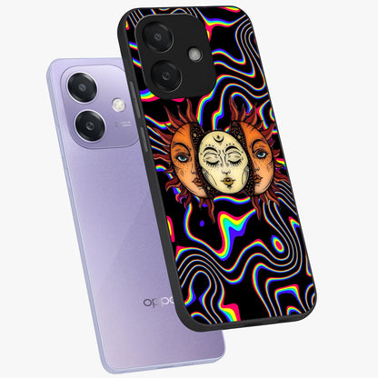 Psychedelic Sun Glass Case displayed in angled mockup highlighting vibrant abstract sun design with artistic aesthetic style.