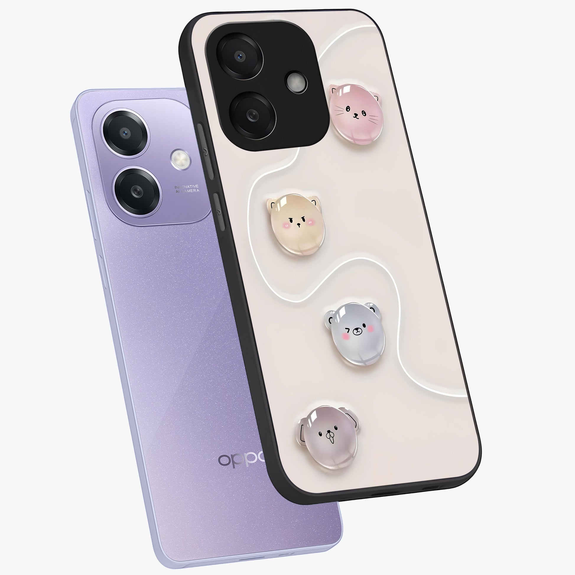 Puffy Face Parade Glass Case displayed in angled mockup highlighting playful cartoon face design with fun aesthetic.