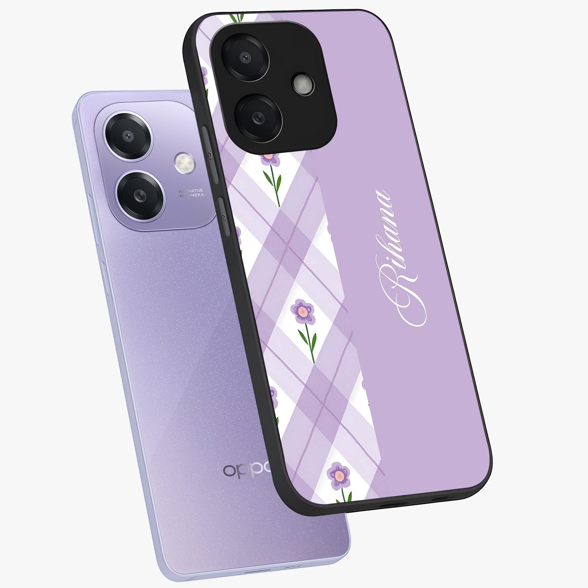 Purple Diamond Floral Glass Case displayed in angled mockup highlighting elegant purple flower design with decorative pattern.