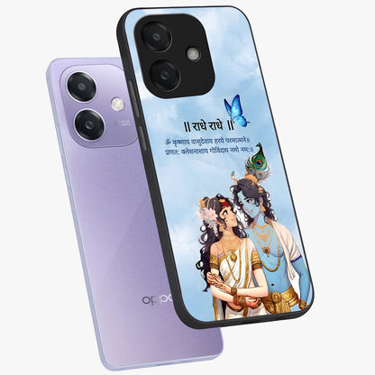 Radha Krishna Eternal Glass Case displayed in angled mockup highlighting divine Radha Krishna illustration with spiritual aesthetic.