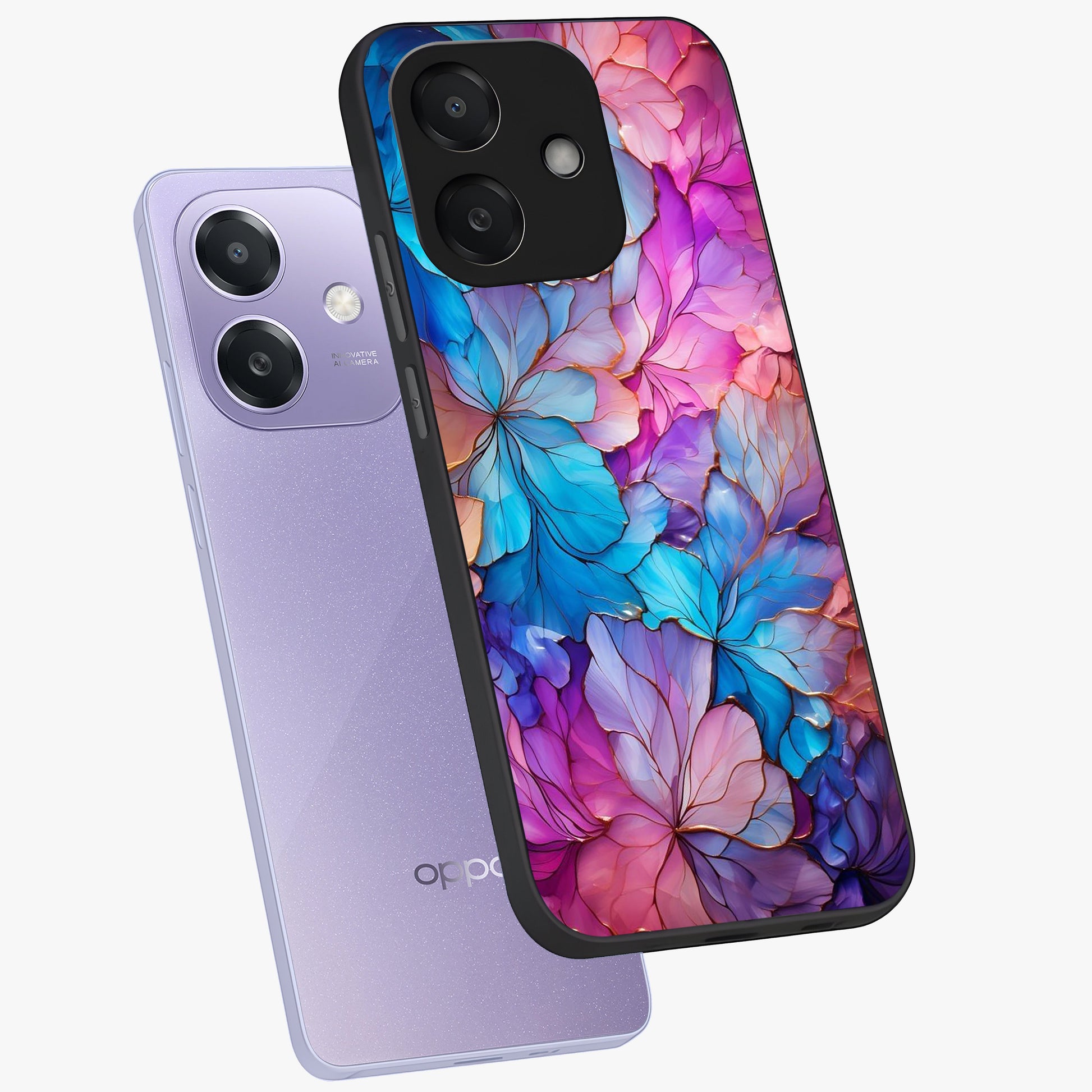 Radiant Floral Whirl Glass Case displayed in angled mockup highlighting vibrant flower pattern with dynamic artistic aesthetic.