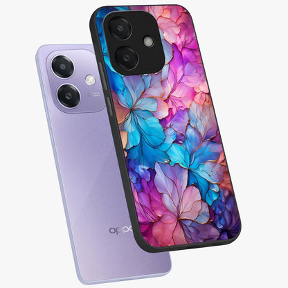 Radiant Floral Whirl Glass Case displayed in angled mockup highlighting vibrant flower pattern with dynamic artistic aesthetic.