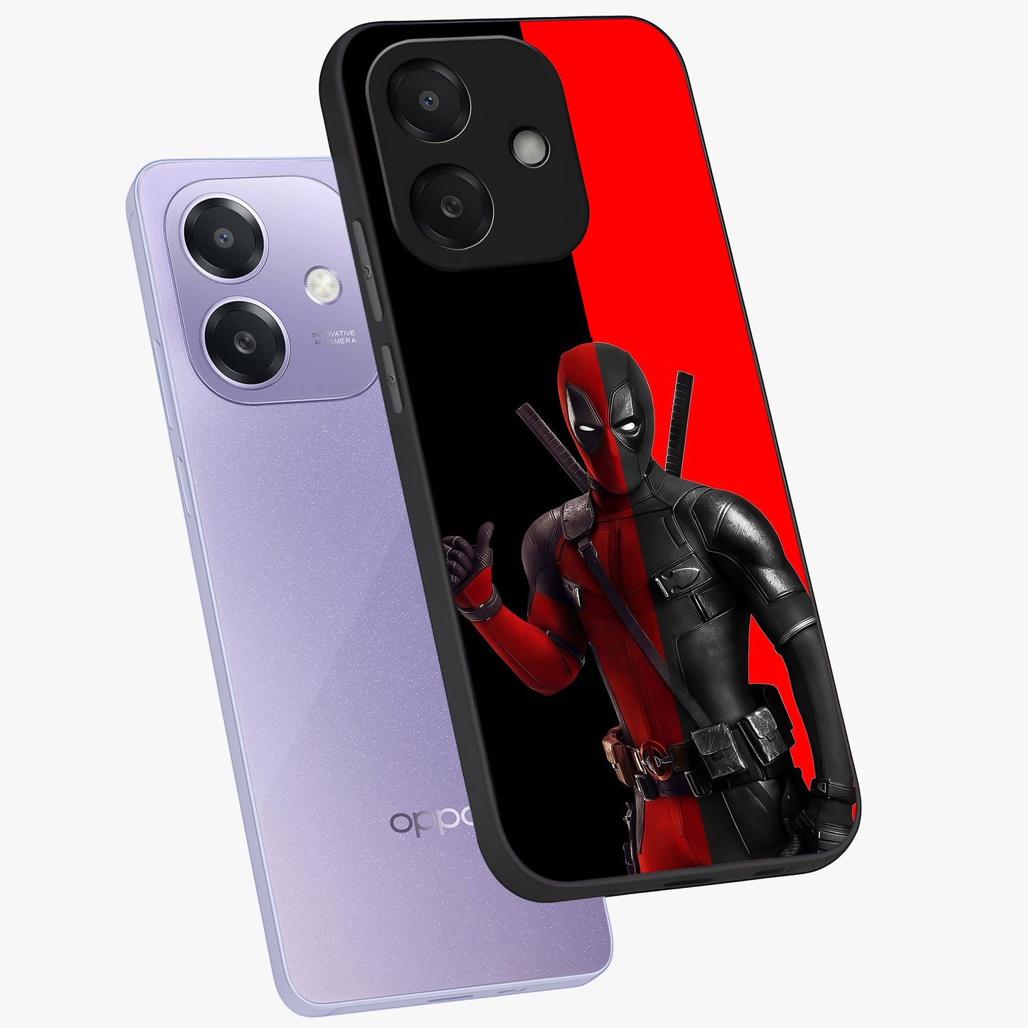Red & Black Deadpool Theme Glass Case displayed in angled mockup highlighting vibrant superhero style illustration with action aesthetic.