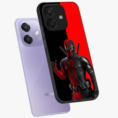 Red & Black Deadpool Theme Glass Case displayed in angled mockup highlighting vibrant superhero style illustration with action aesthetic.