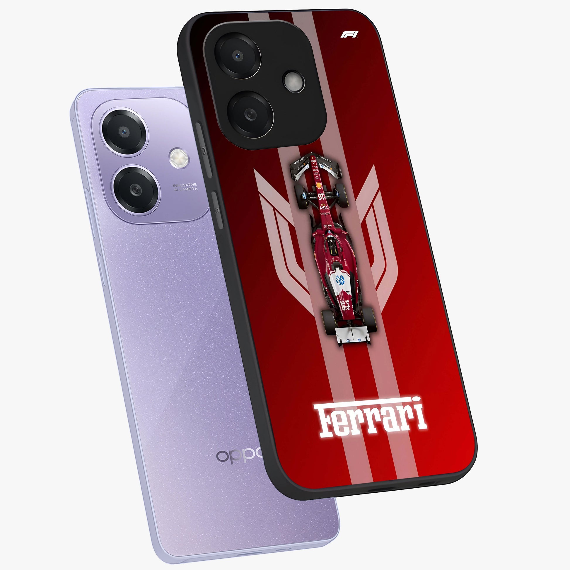 Red Ferrari F1 Vertical Glass Case displayed in angled mockup highlighting high speed racing design with bold automotive aesthetic.