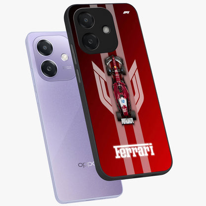 Red Ferrari F1 Vertical Glass Case displayed in angled mockup highlighting high speed racing design with bold automotive aesthetic.