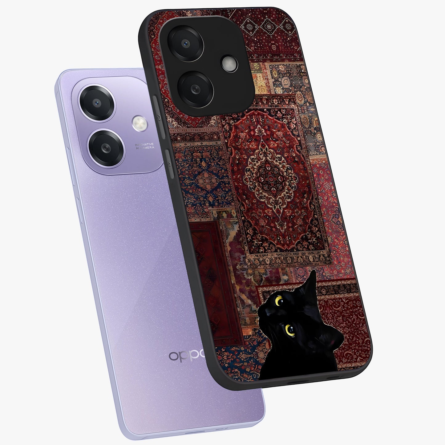 Regal Magic Cat Apple Glass Case displayed in angled mockup highlighting whimsical feline design with fantasy aesthetic.