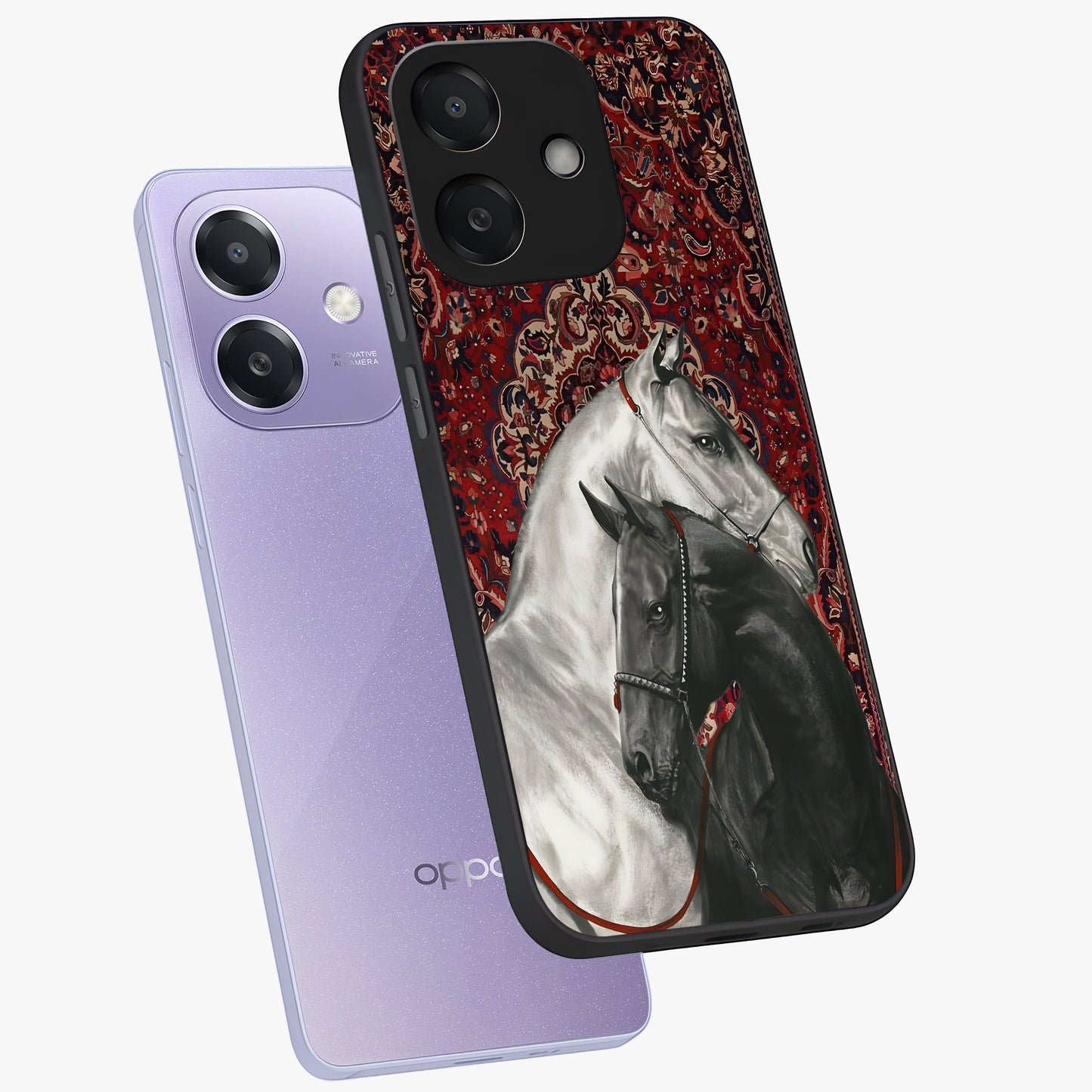 Regal Stallion Tapestry Glass Case displayed in angled mockup highlighting royal stallion design with decorative heritage aesthetic.