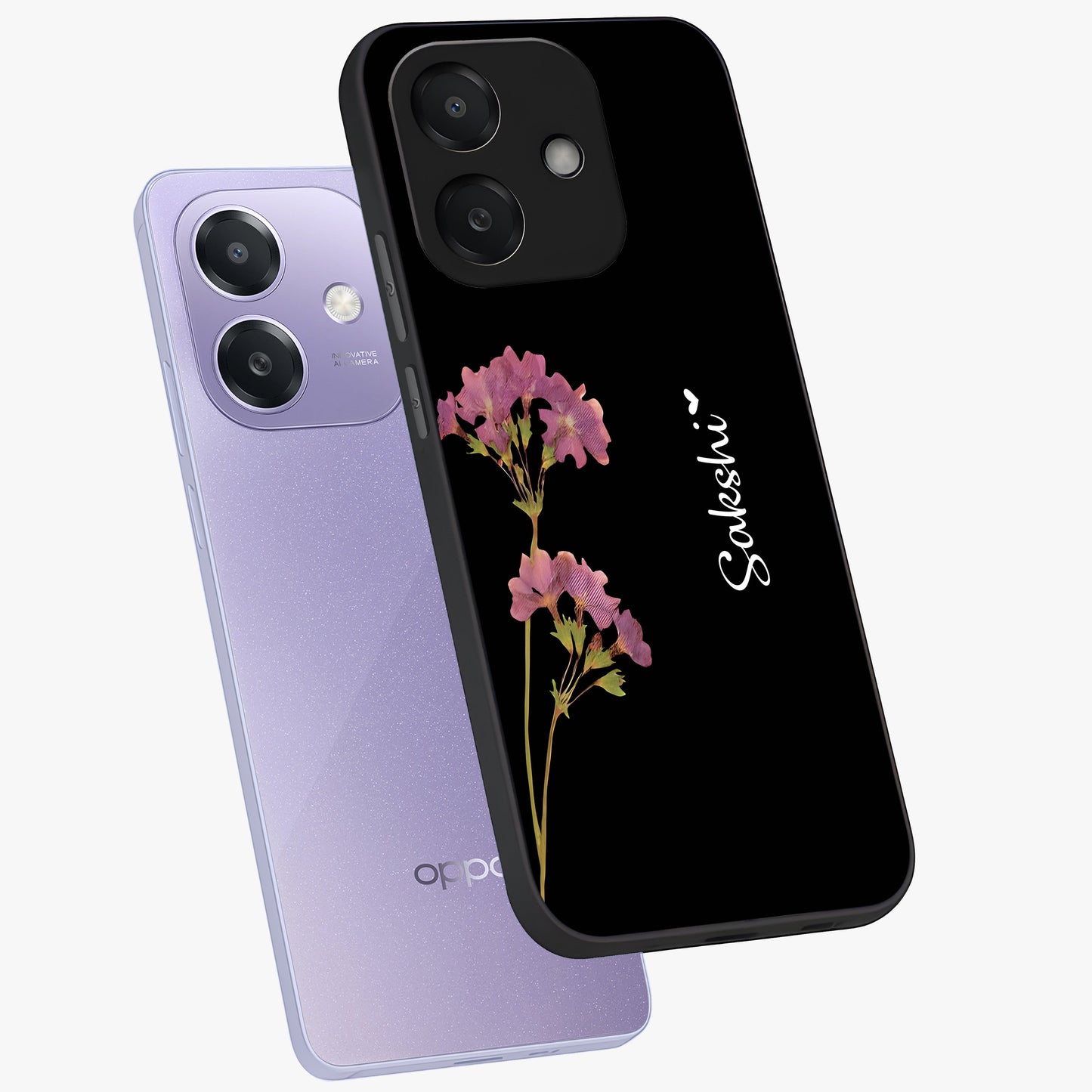 Riching Lavender Flower Custom Name Glass Case displayed in angled mockup highlighting delicate lavender flower design with custom name feature.