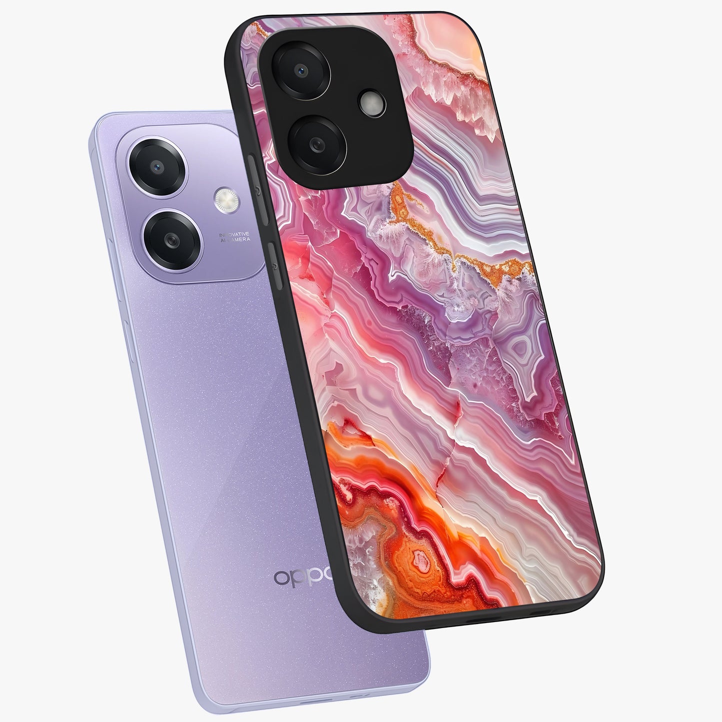 Rose Quartz Marble Glass Case displayed in angled mockup highlighting elegant marble pattern with soft aesthetic style.