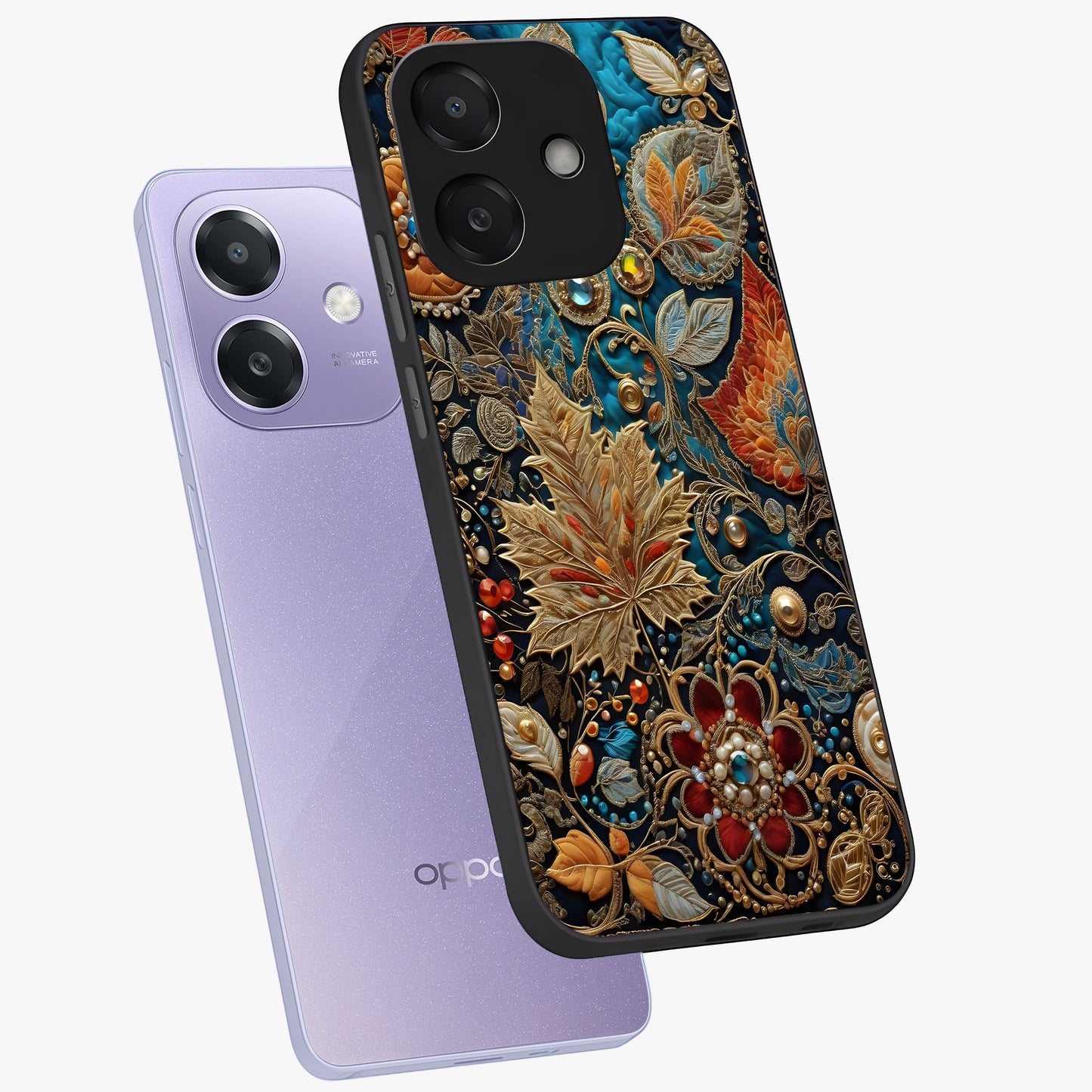 Royal Jewel Garden Glass Case displayed in angled mockup highlighting vibrant jewel inspired floral design with elegant aesthetic.