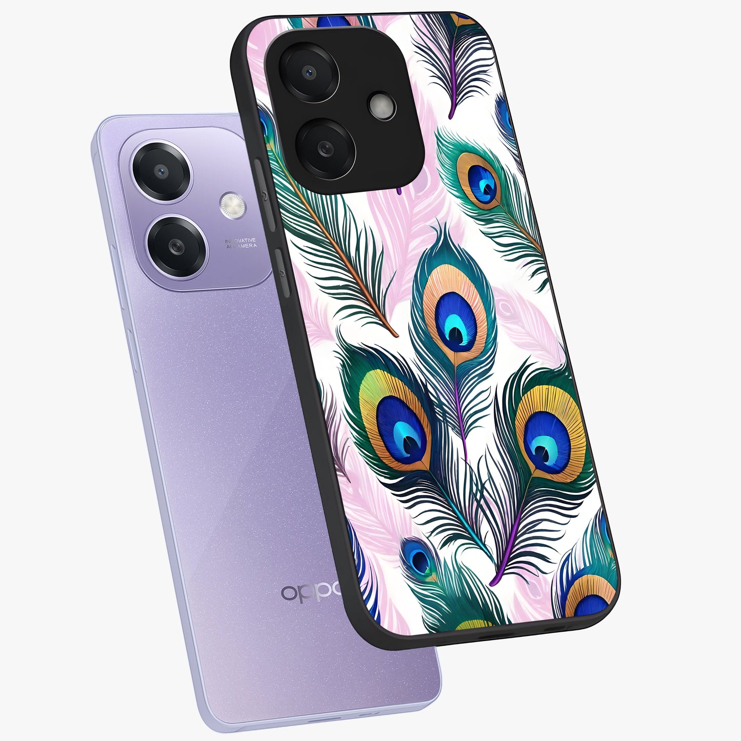 Royal Peacock Feathers Glass Case displayed in angled mockup highlighting vibrant feather pattern with regal aesthetic style.