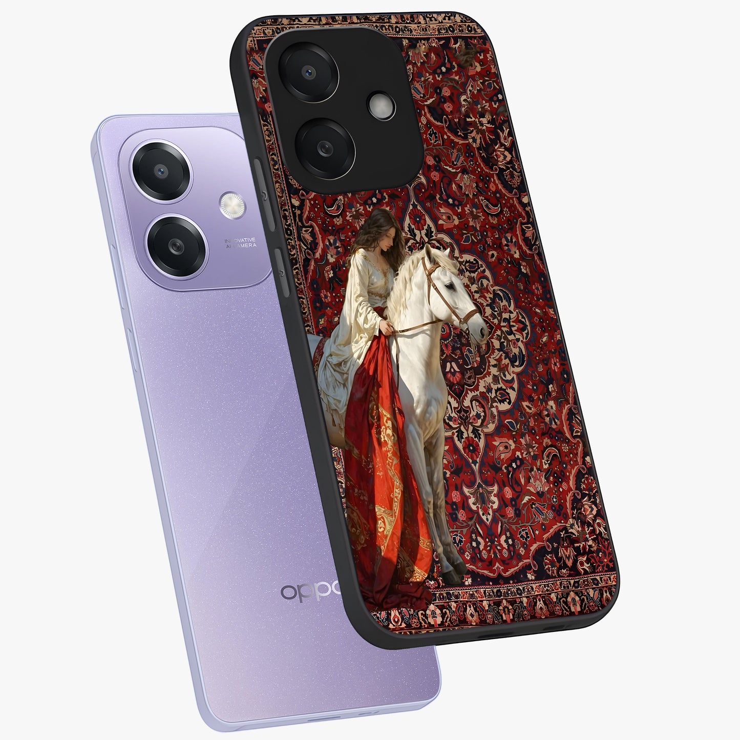Royal Rider Tapestry Glass Case displayed in angled mockup highlighting traditional tapestry design with royal heritage aesthetic.