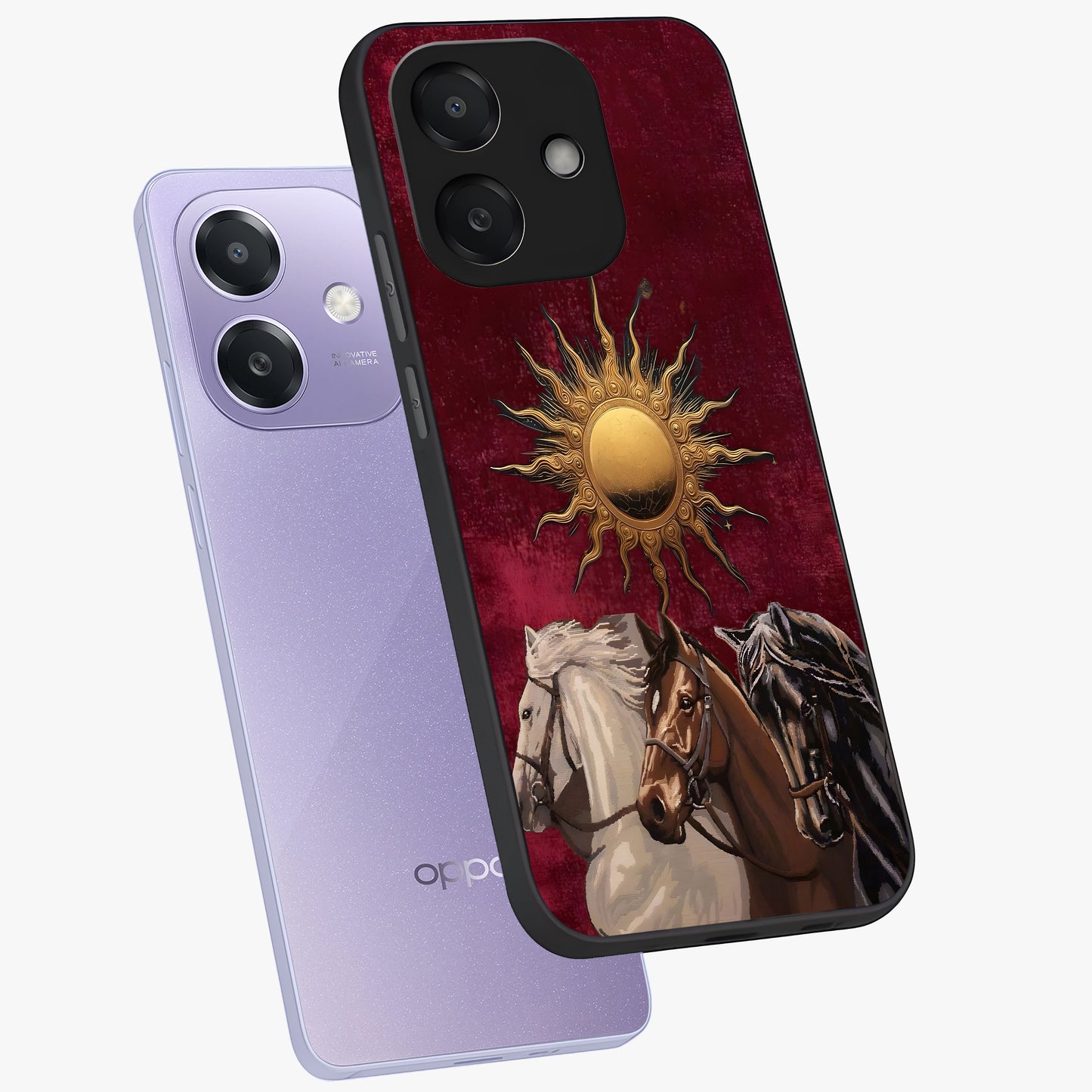 Solar Riders Glass Case displayed in angled mockup highlighting powerful rider illustration with radiant solar aesthetic.