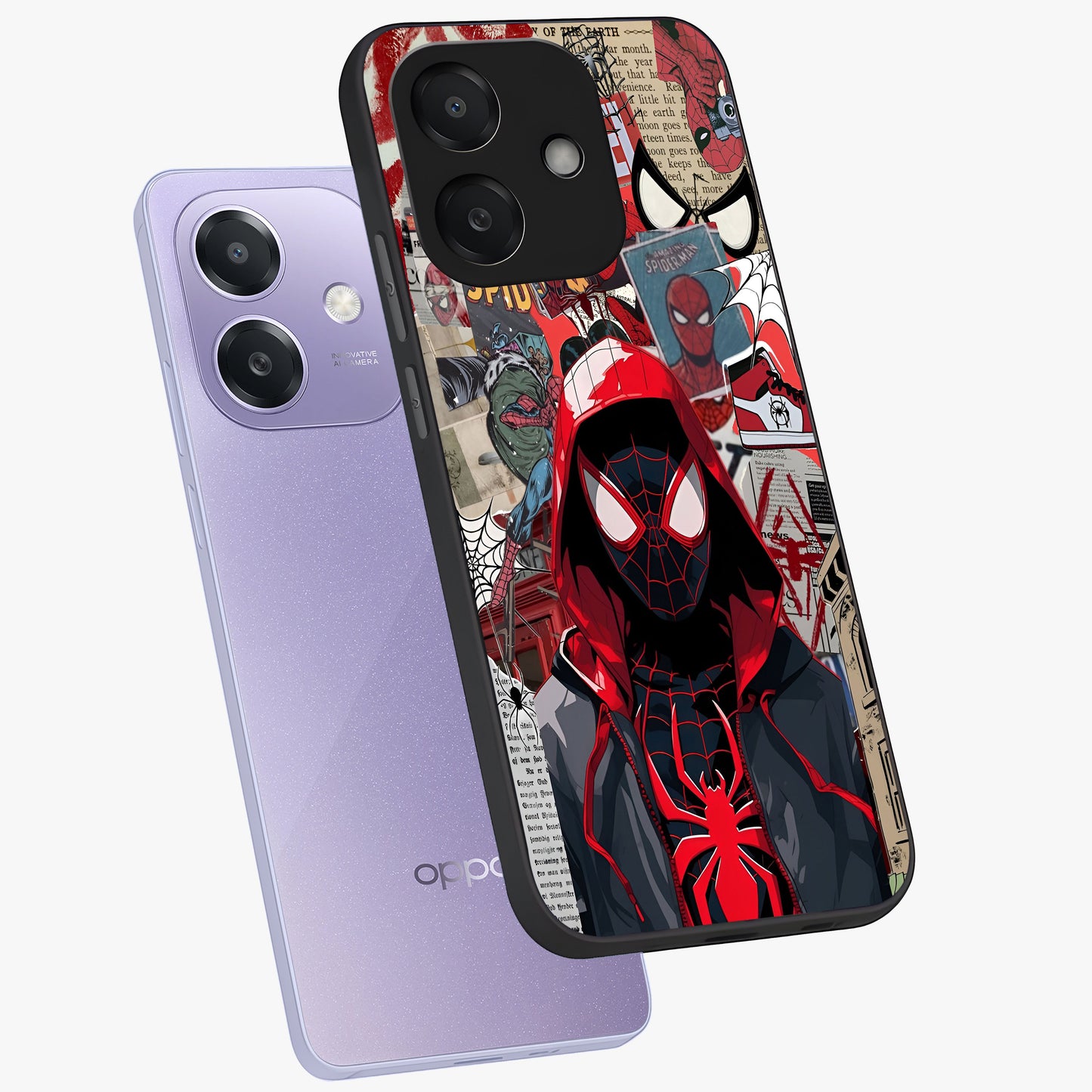Spider Collage Street Glass Case displayed in angled mockup highlighting dynamic street style collage design with comic aesthetic.