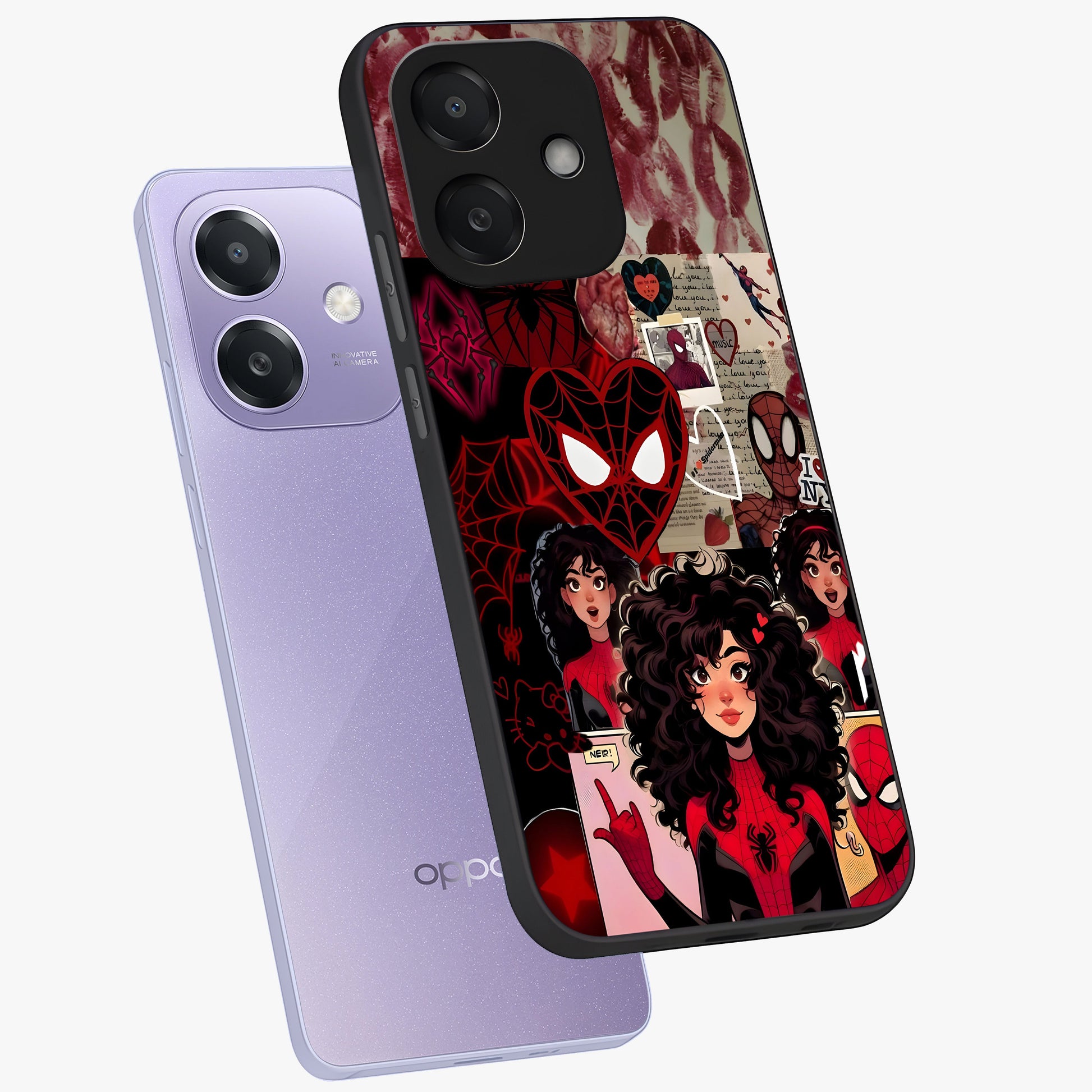 Spider Love Story Glass Case displayed in angled mockup highlighting expressive comic inspired design with playful aesthetic.