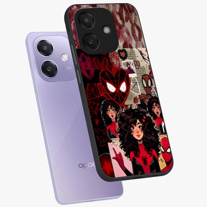 Spider Love Story Glass Case displayed in angled mockup highlighting expressive comic inspired design with playful aesthetic.
