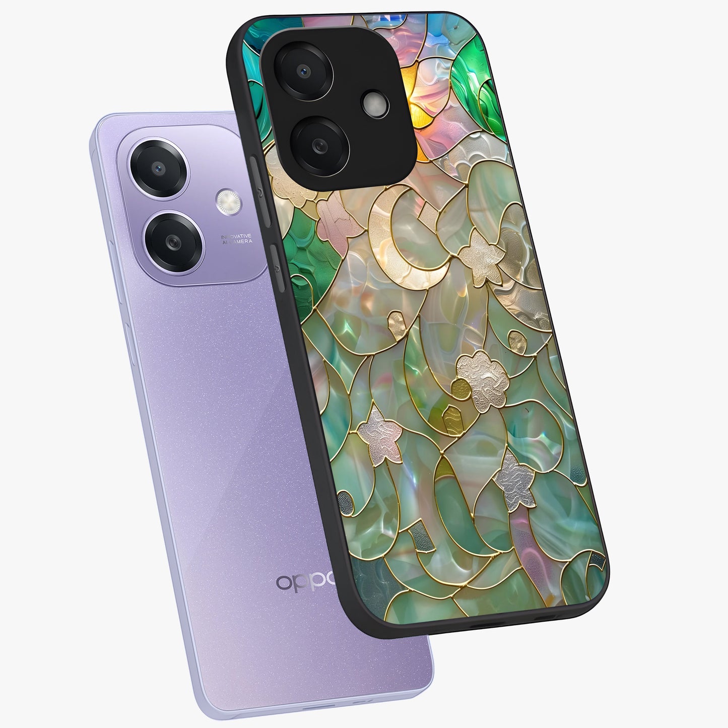 Stained Sunrise Glow Glass Case displayed in angled mockup highlighting radiant sunrise design with artistic aesthetic style.