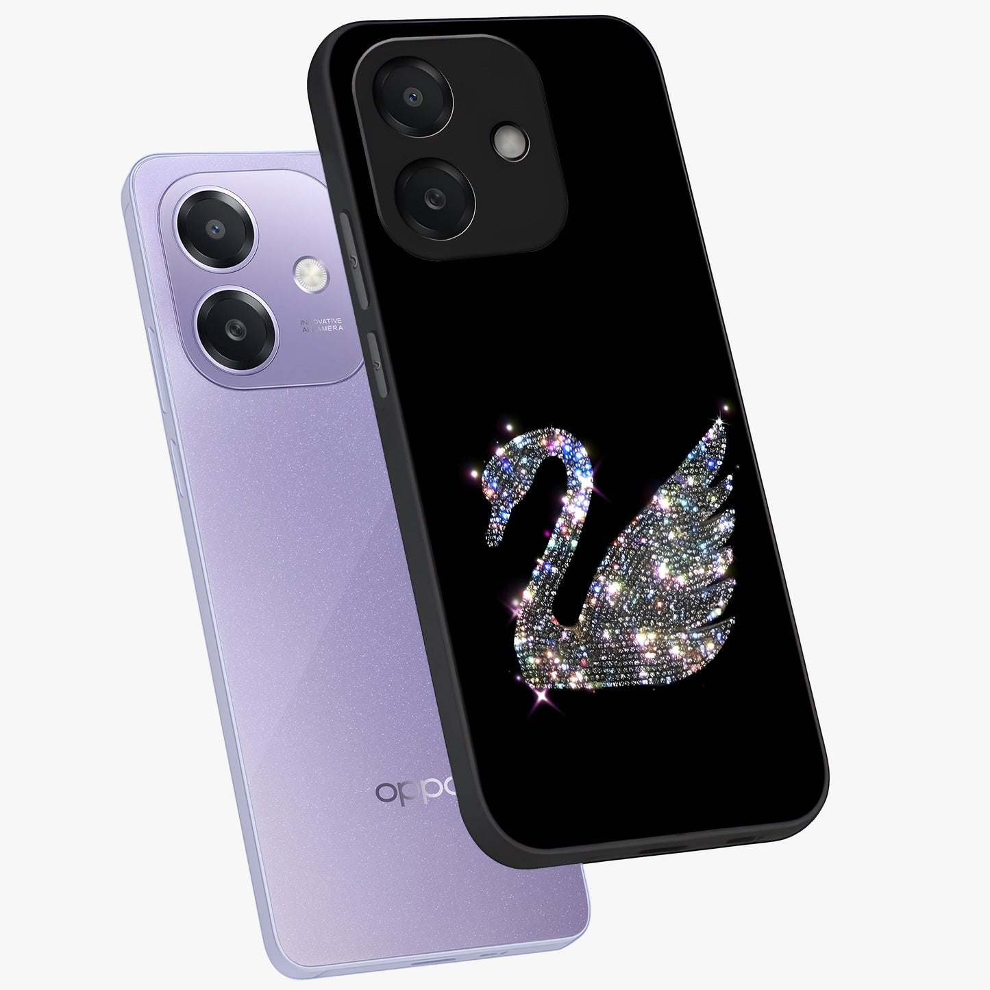 Starlit Swan Grace Glass Case displayed in angled mockup highlighting elegant swan illustration with dreamy celestial aesthetic.