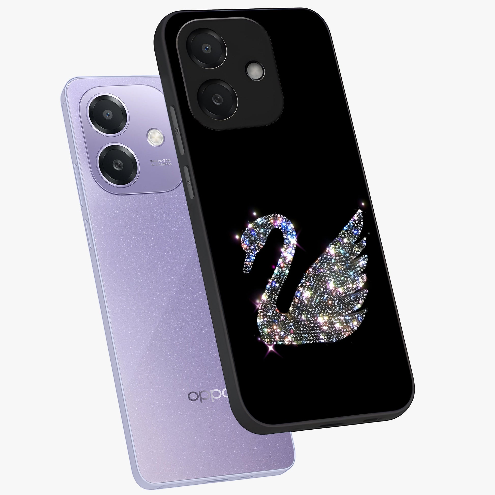 Starlit Swan Grace Glass Case displayed in angled mockup highlighting elegant swan illustration with dreamy celestial aesthetic.