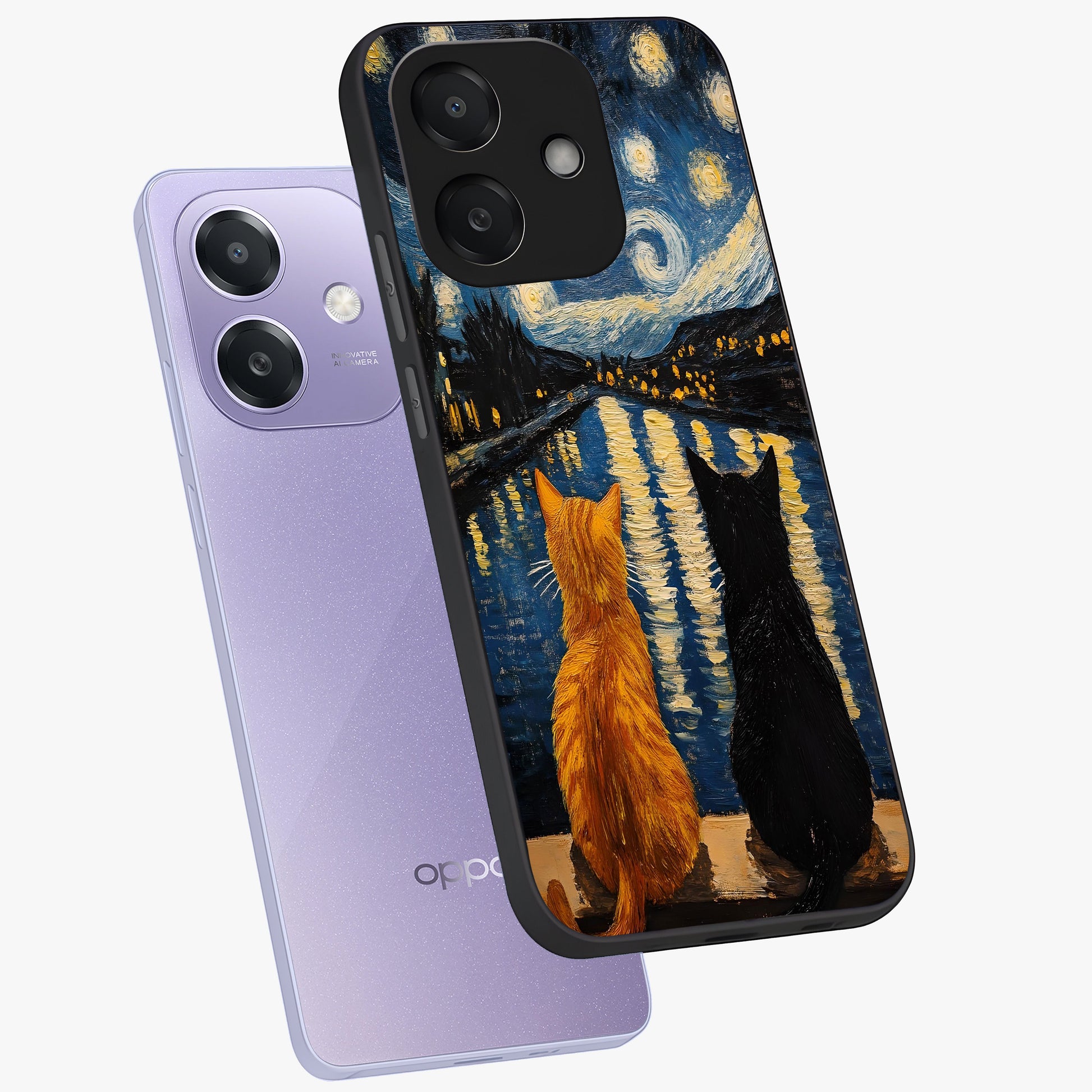 Starry River Cats Glass Case displayed in angled mockup highlighting charming feline illustration with dreamy night aesthetic.