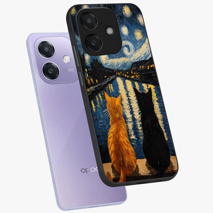 Starry River Cats Glass Case displayed in angled mockup highlighting charming feline illustration with dreamy night aesthetic.