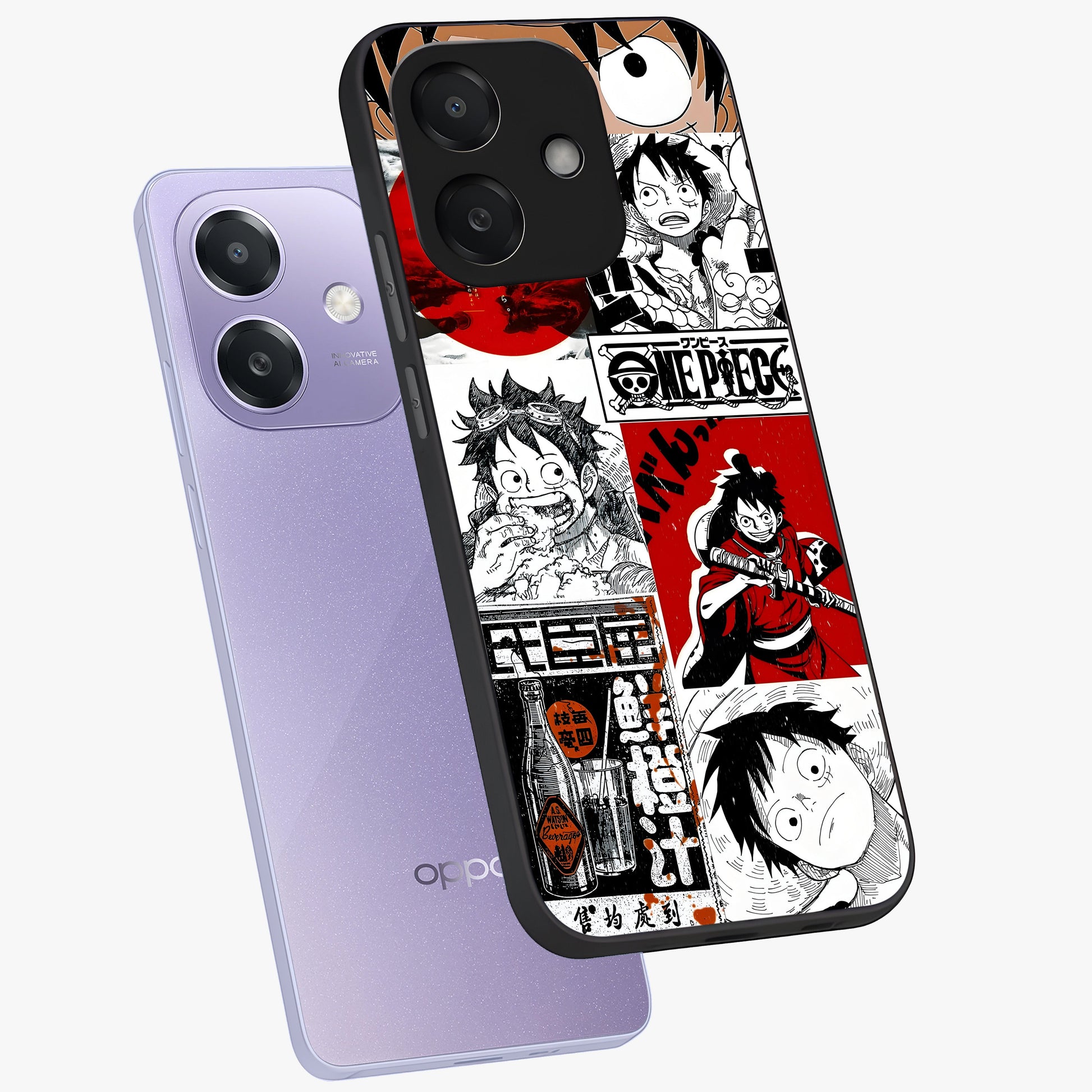Strawhat Chaos Panels Glass Case displayed in angled mockup highlighting vibrant anime collage design with action aesthetic.