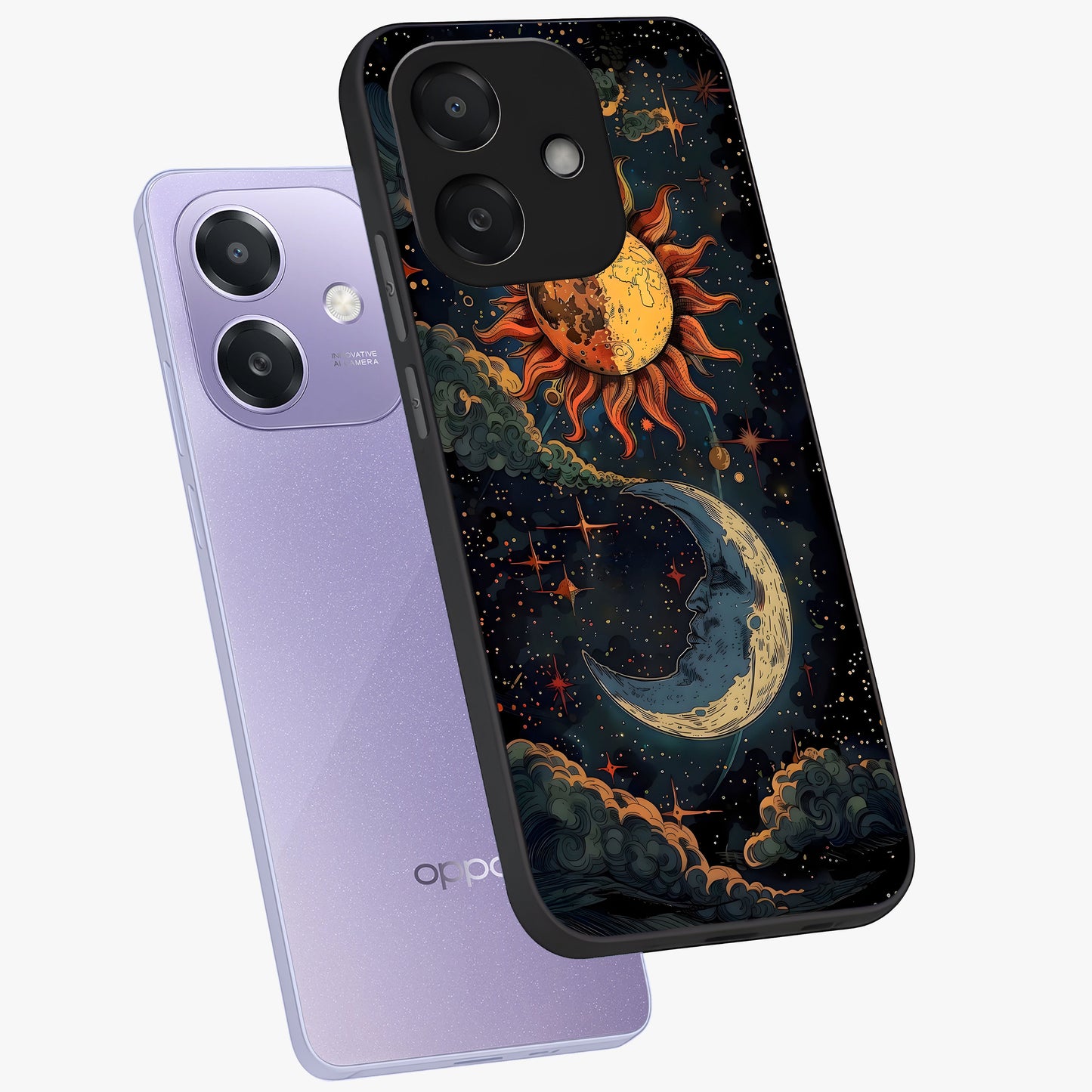 Sun And Moon Magic Design Glass Case displayed in angled mockup highlighting celestial design with magical cosmic aesthetic.
