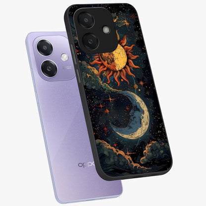 Sun And Moon Magic Design Glass Case displayed in angled mockup highlighting celestial design with magical cosmic aesthetic.
