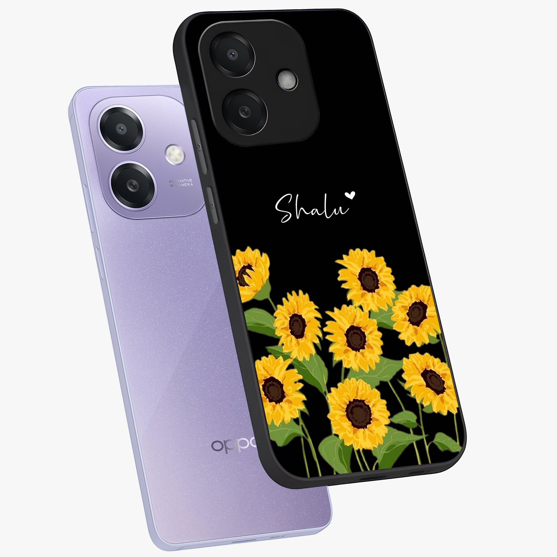 Sunflower Chic Mood Custom Name Glass Case displayed in angled mockup highlighting vibrant sunflower design with custom name feature.