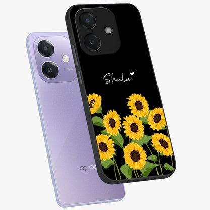Sunflower Chic Mood Custom Name Glass Case displayed in angled mockup highlighting vibrant sunflower design with custom name feature.