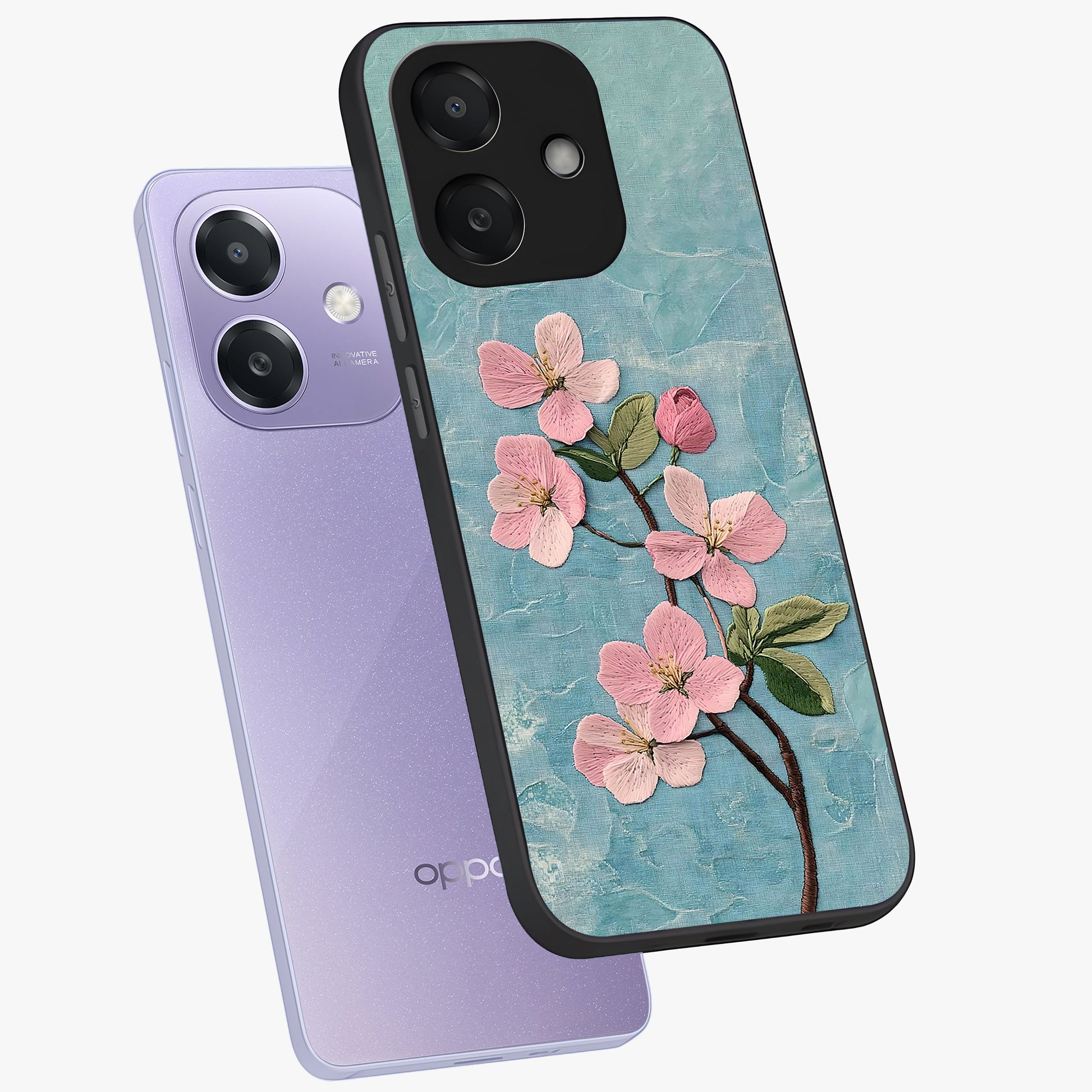 Threaded Blossom Breeze Glass Case displayed in angled mockup highlighting elegant floral design with soft aesthetic style.