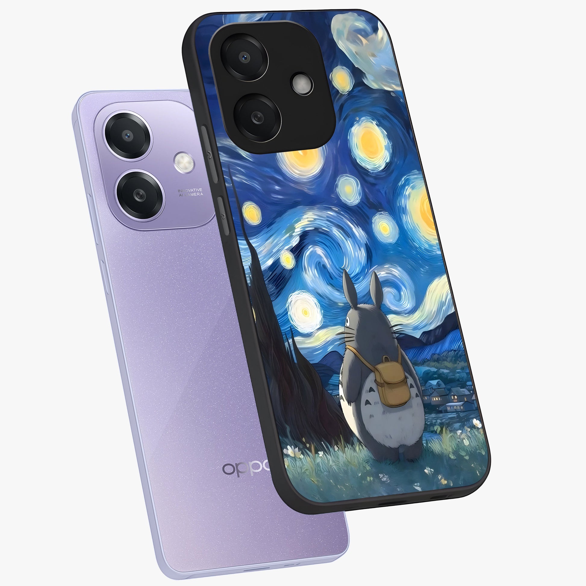 Totoro In Van Gogh Art Glass Case displayed in angled mockup highlighting artistic swirling sky design with playful animation aesthetic.
