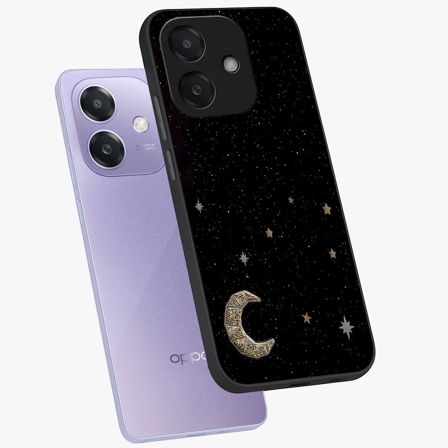 Twinkle Star With Half Moon Glass Case displayed in angled mockup highlighting celestial moon and star design with magical aesthetic.