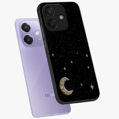 Twinkle Star With Half Moon Glass Case displayed in angled mockup highlighting celestial moon and star design with magical aesthetic.