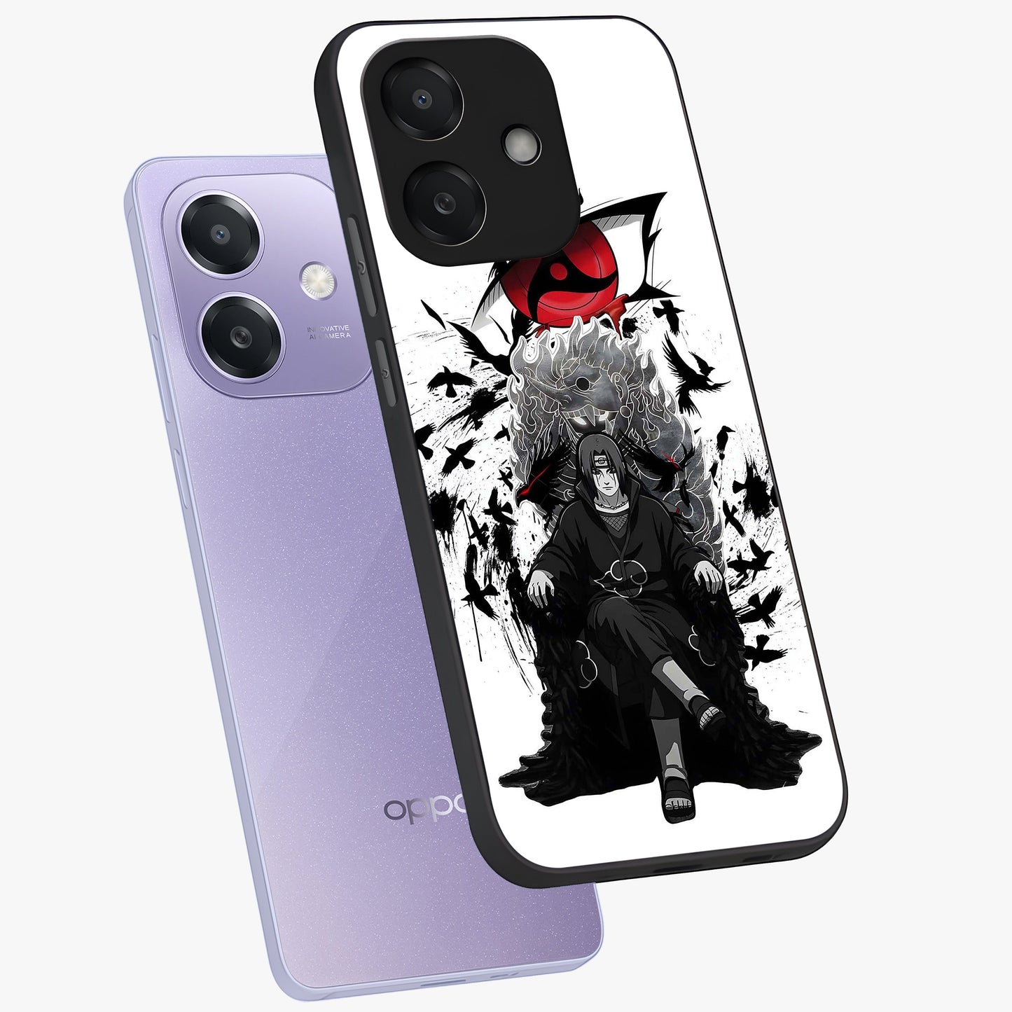 Uchiha Shadow Throne Glass Case displayed in angled mockup highlighting glowing aquatic design with celestial aesthetic.