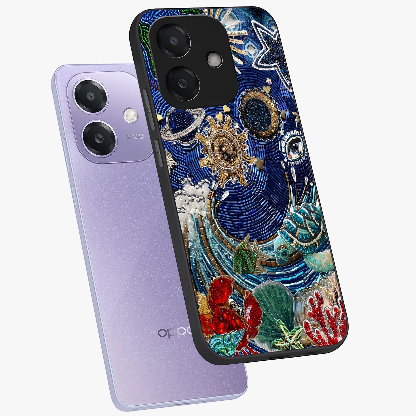 Universe Underwater Spark Glass Case displayed in angled mockup highlighting glowing aquatic design with celestial aesthetic.