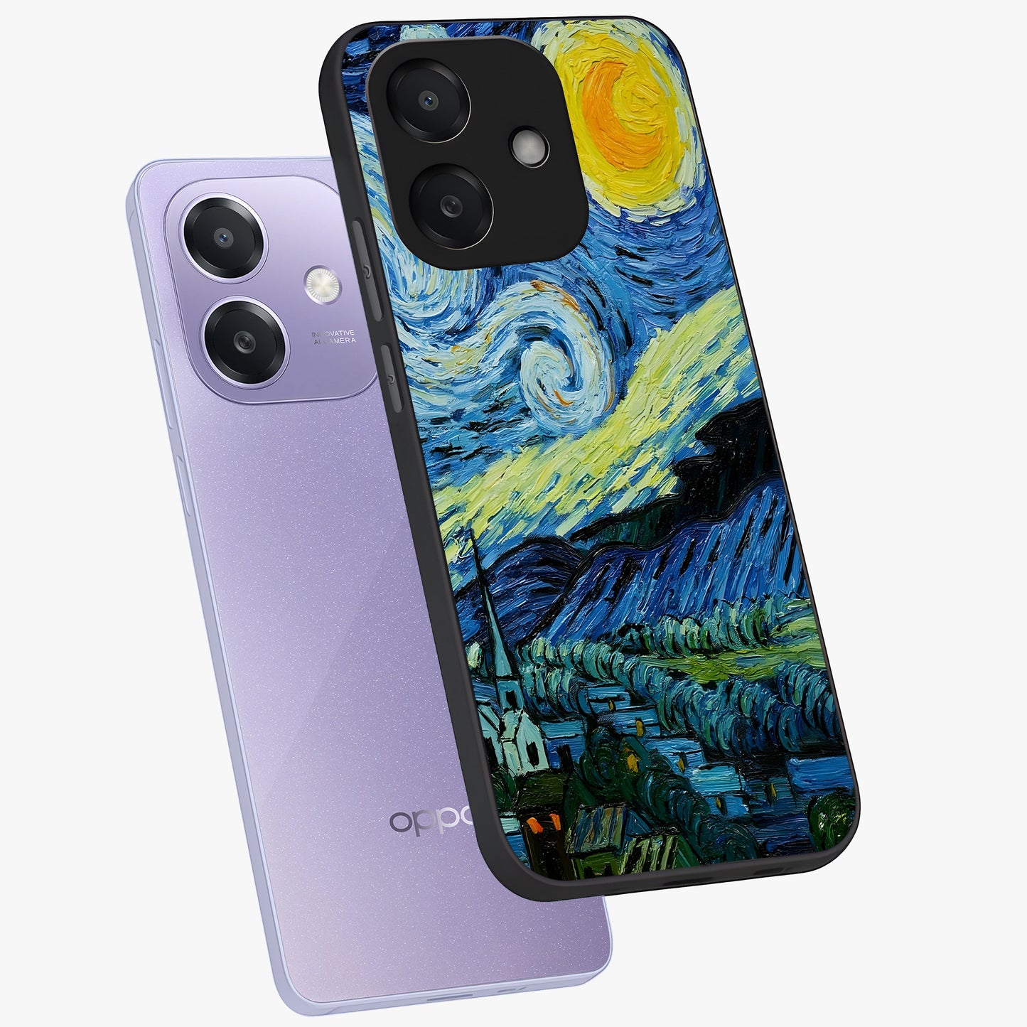 Van Gogh Art Glass Case displayed in angled mockup highlighting swirling brushstroke design with artistic aesthetic.
