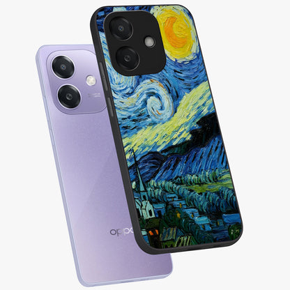 Van Gogh Art Glass Case displayed in angled mockup highlighting swirling brushstroke design with artistic aesthetic.