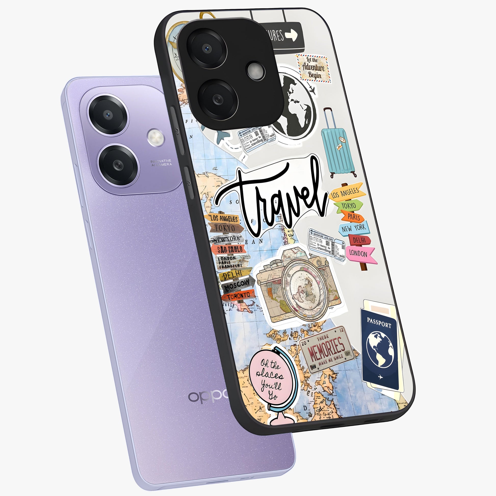 Wanderlust Journal Glass Case displayed in angled mockup highlighting adventure themed design with aesthetic travel vibe.