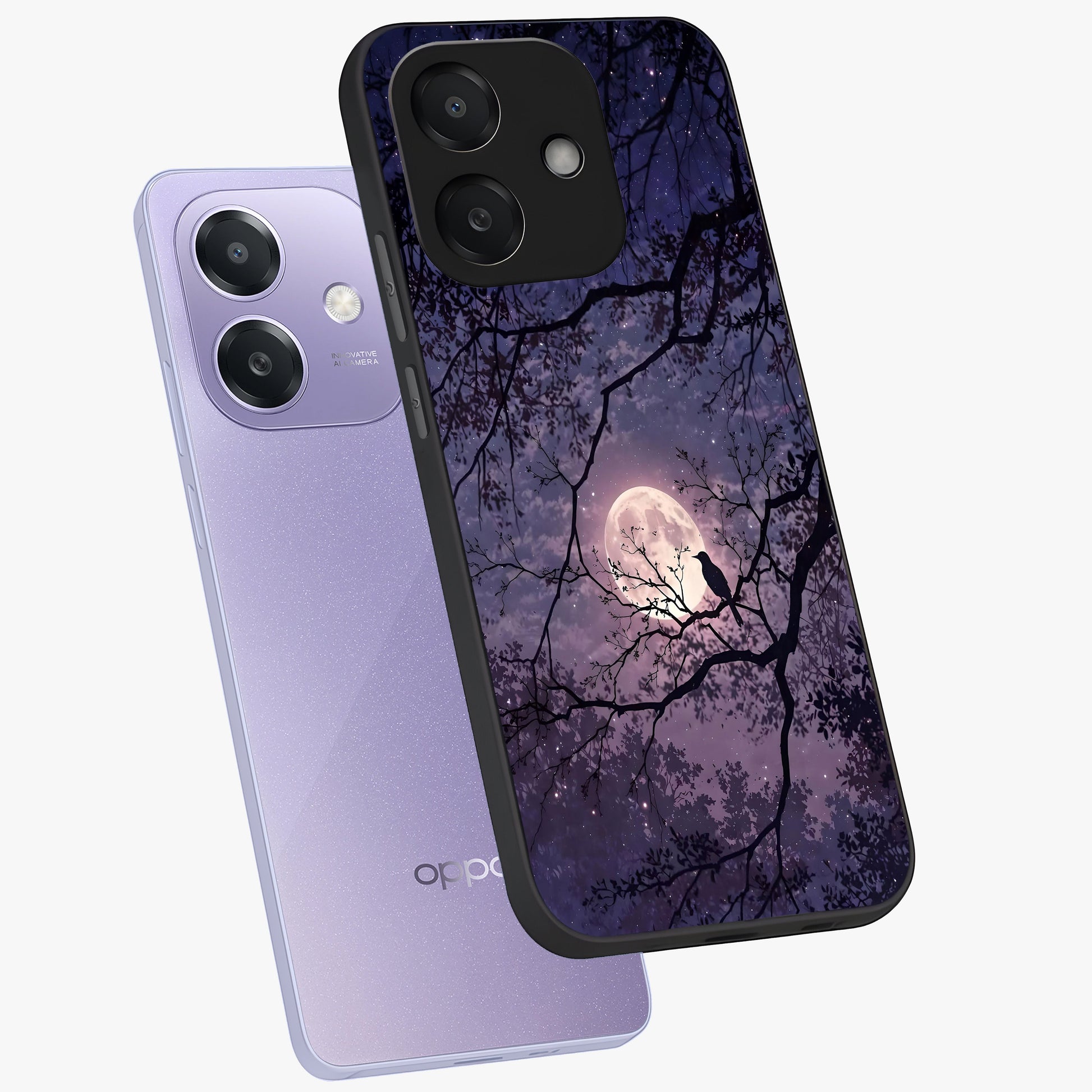 Whispering Moon Silence Glass Case displayed in angled mockup highlighting calm lunar design with dreamy night aesthetic.